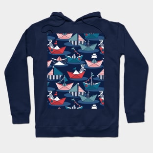 Origami dog day at the lake // pattern // navy blue background red teal and blue origami sail boats with cute Dalmatian Hoodie